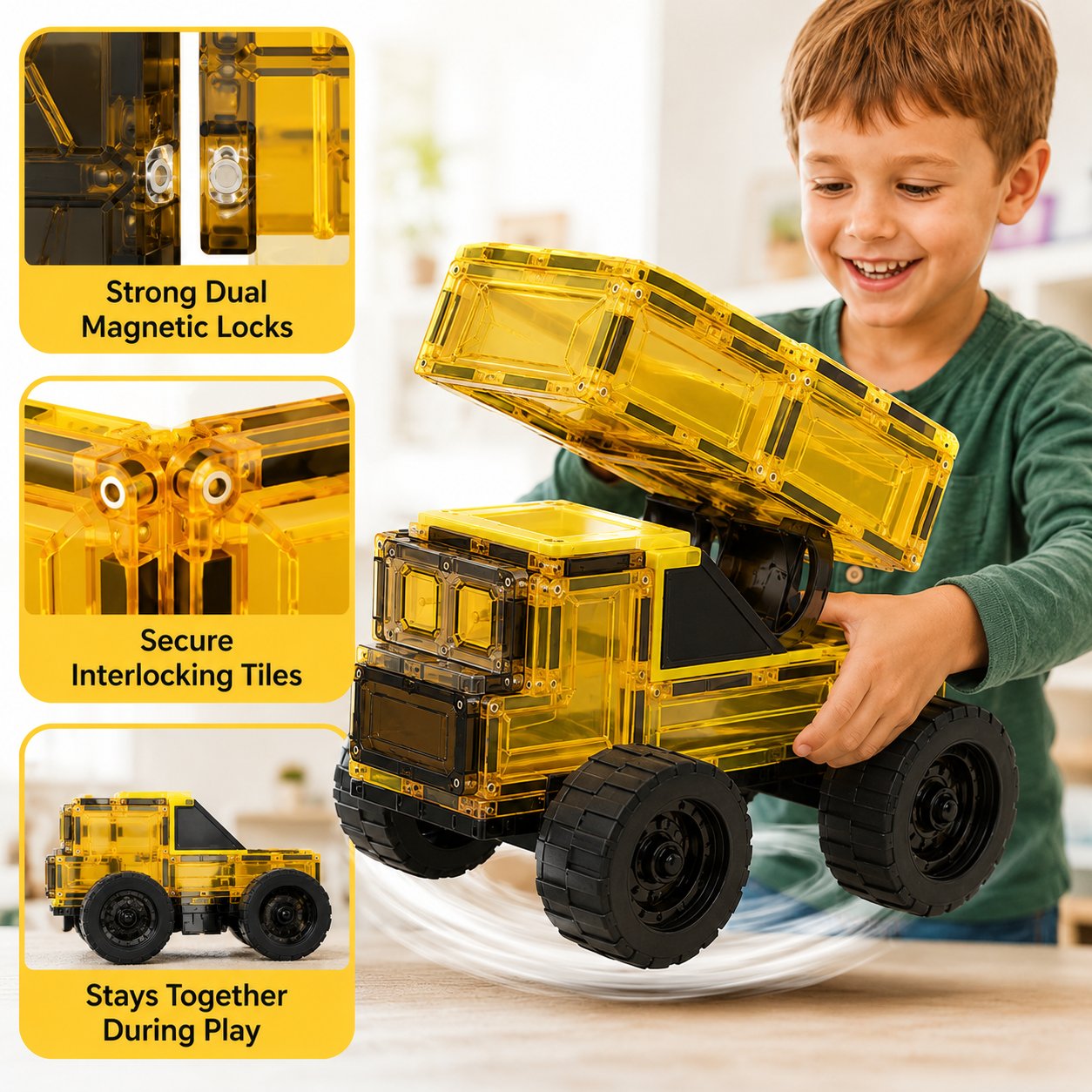 Magnetic Tile Construction Truck Set | Dump Truck & Bulldozer Toy