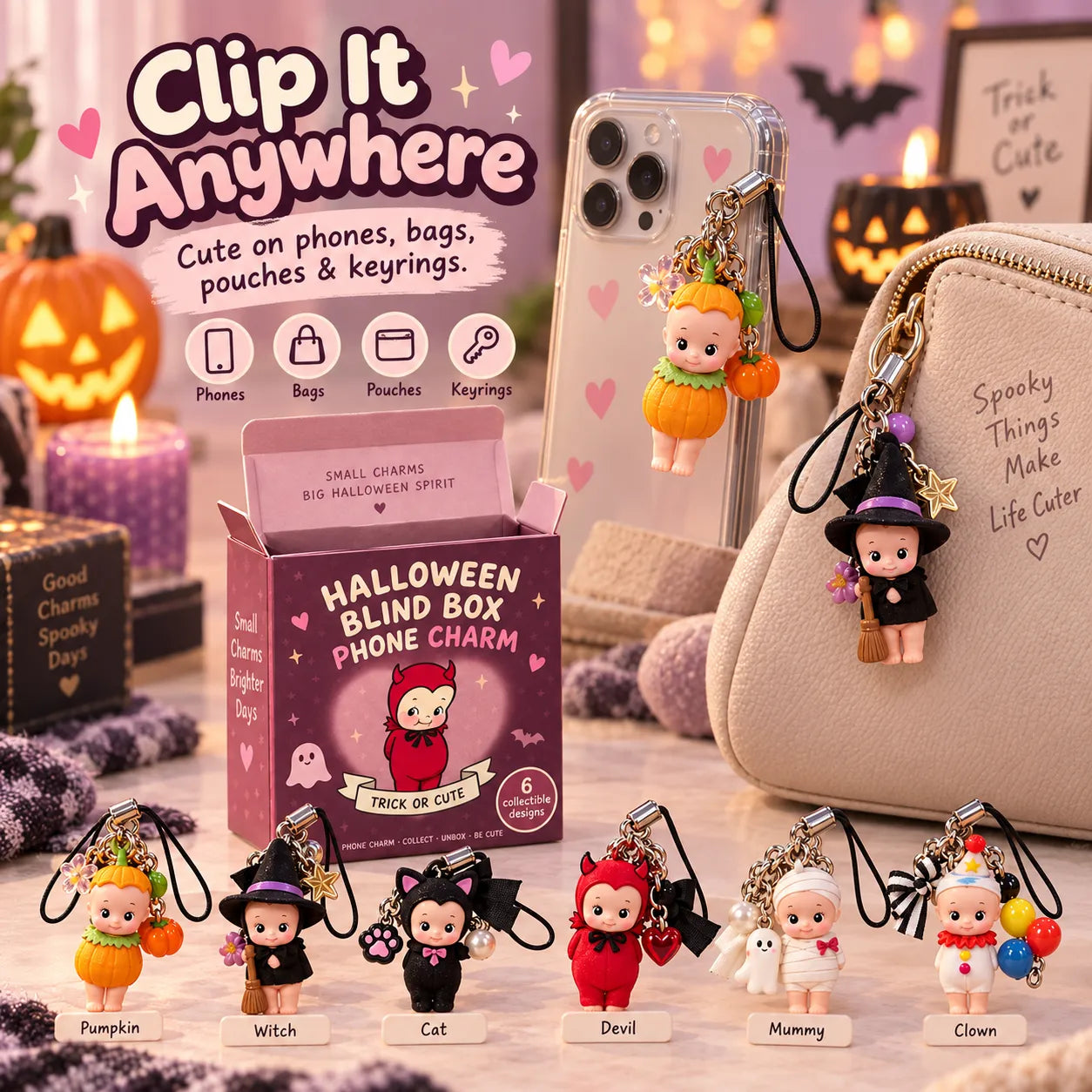 🎃 Halloween Blind Box Phone Charm – 1 of 6 Spooky Surprise Designs ✨
