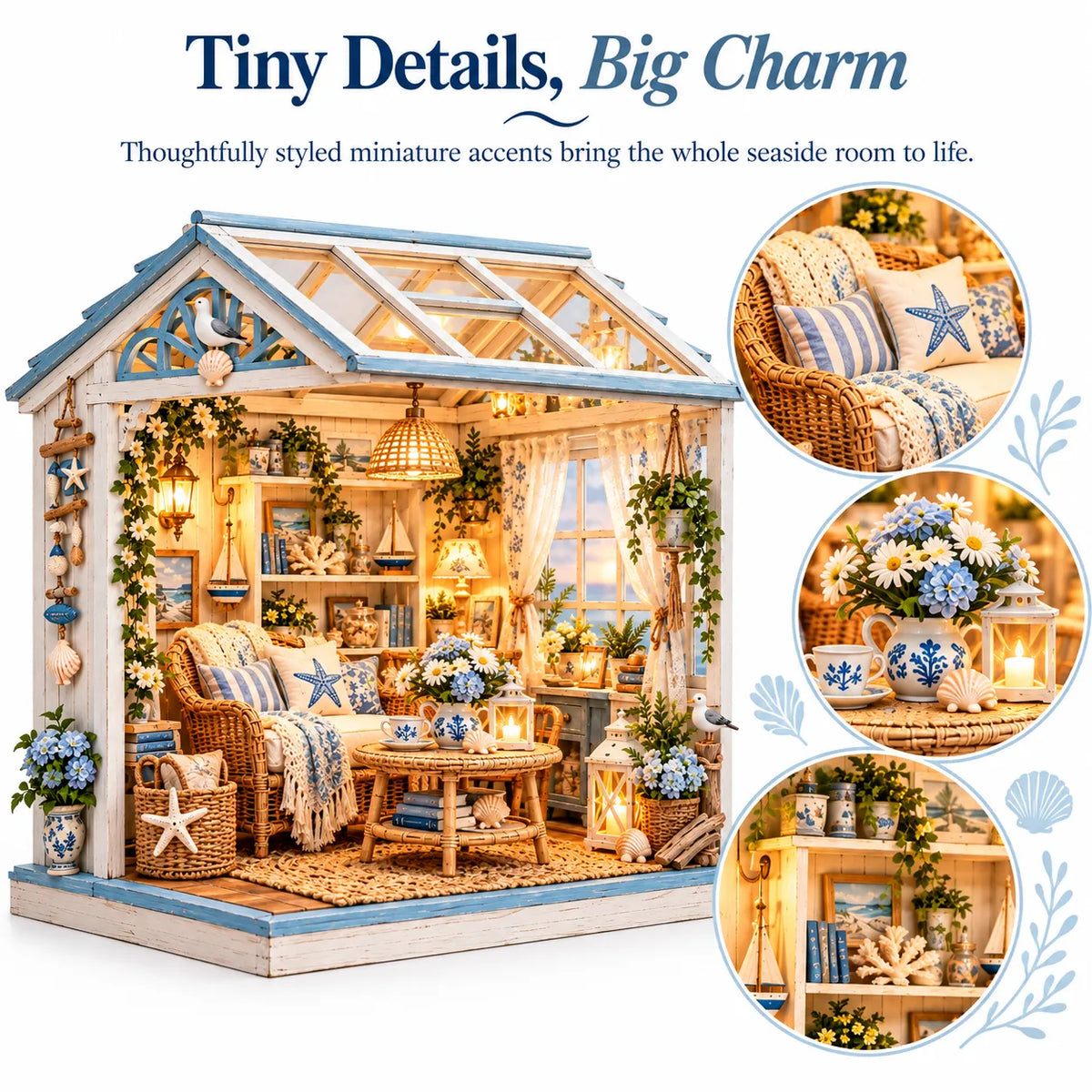 🌊 DIY Coastal Sunroom Miniature Kit | Warm LED Glow | Cozy Coastal Grandma Home Decor 🐚