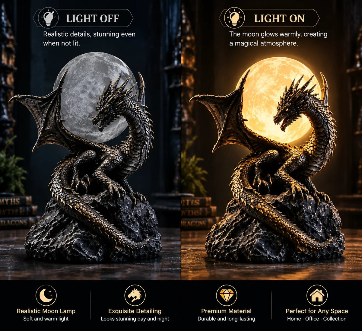 🐉 Lampe globe-trotte en forme de dragon gothique et de lune