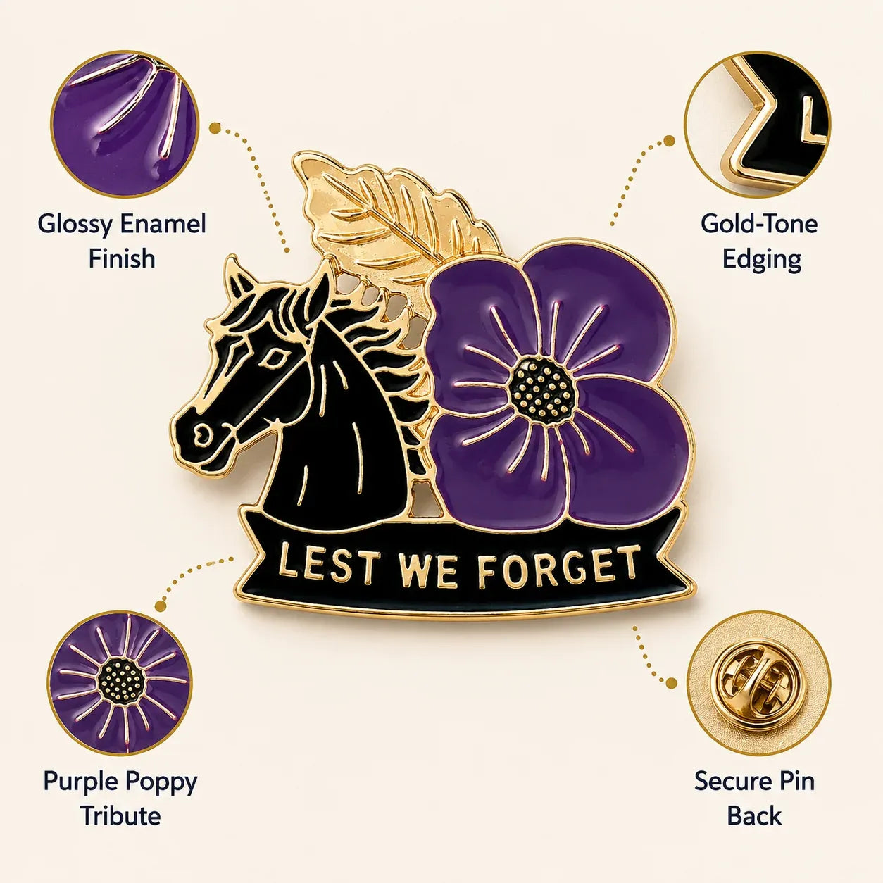 🐴 111th Anniversary War Horse Purple Poppy Remembrance Brooch | Meaningful Memorial Keepsake with Antique-Inspired Details for Veterans, Horse Lovers & History Collectors 💜