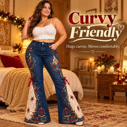 ⏳ Last Day 49% OFF – 🌹 Vintage Embroidered Flare Jeans | High-Rise Stretch Denim with Lace Panels & Floral Details ✨