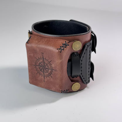 Leather Cuff Watch Strap with Personalized Flap, Brown Wide Handmade Watch Band for Apple
