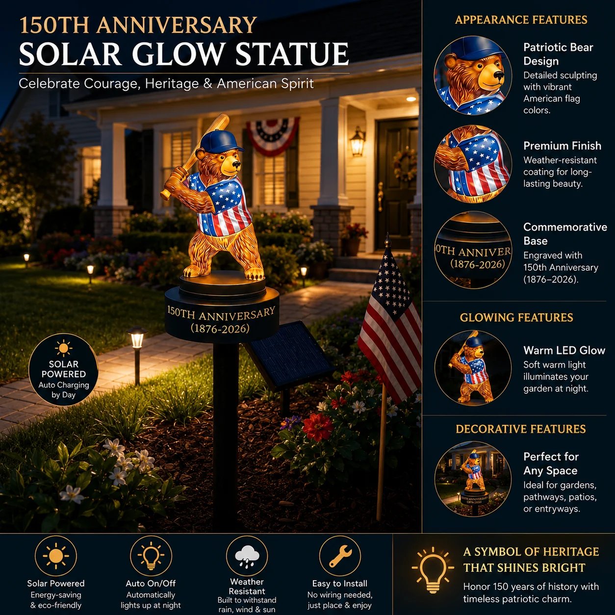 ⚾ 150th Anniversary Baseball Bear Solar Garden Stake Light – Outdoor LED Decor
