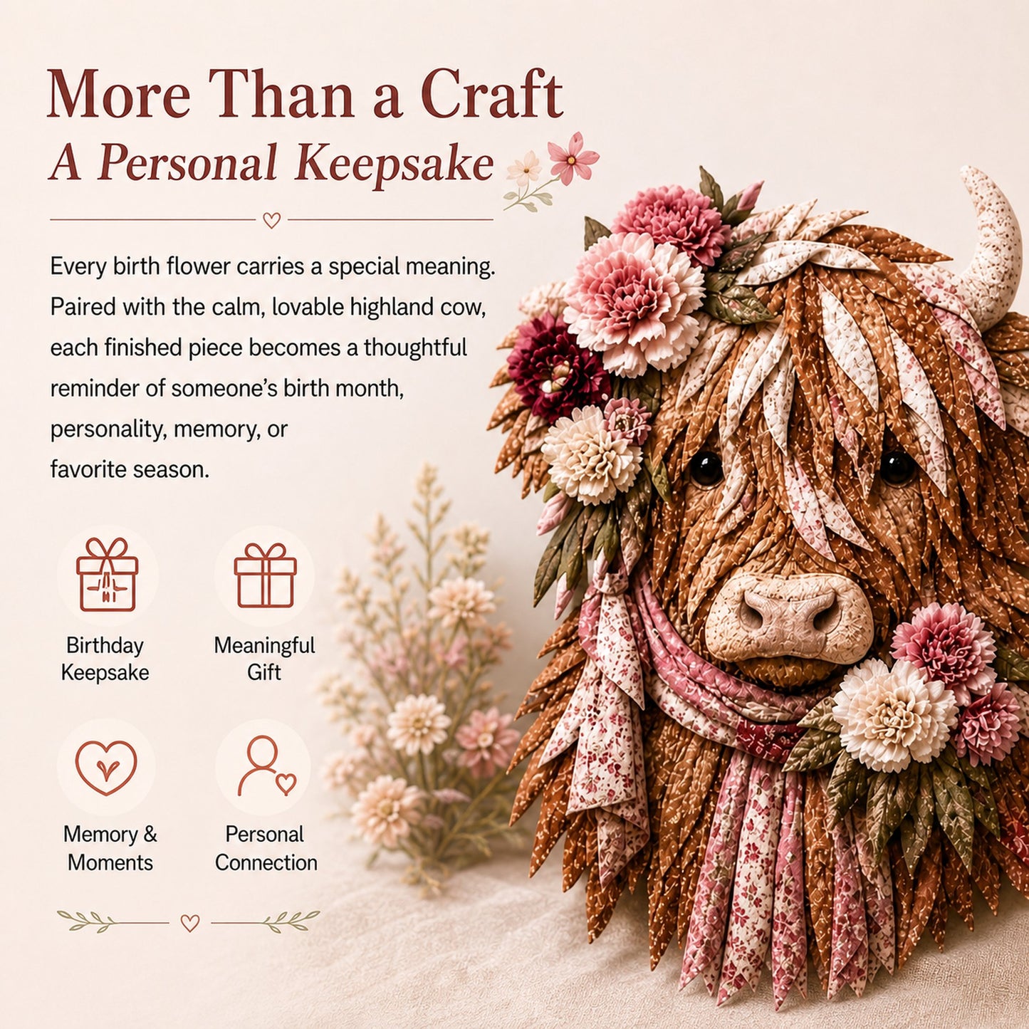 🐮💐🌸 Birth Flower Highland Cow 3D Layered Fabric Art DIY Kit (Beginner-friendly)