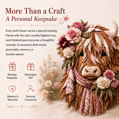 🐮💐🌸 Birth Flower Highland Cow 3D Layered Fabric Art DIY Kit (Beginner-friendly)