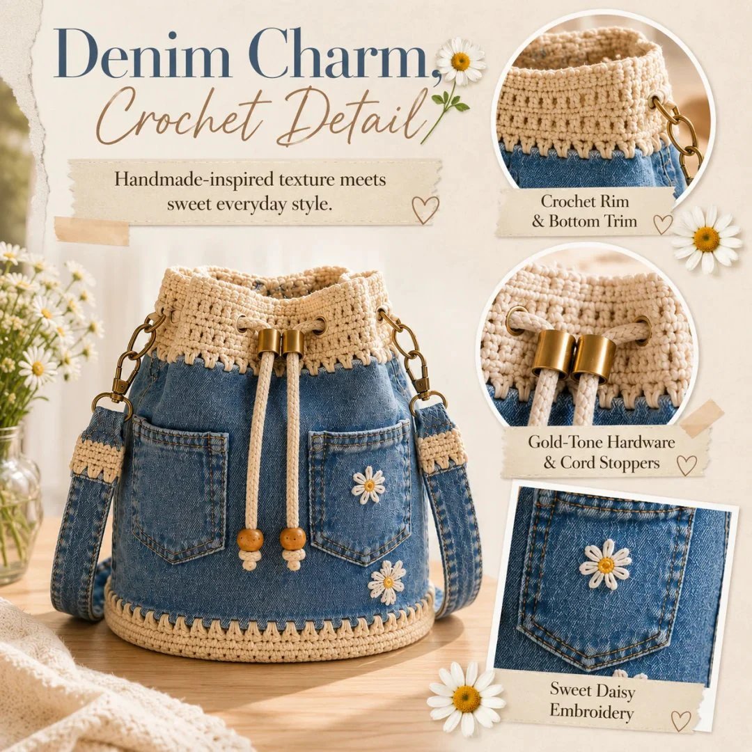 🔥HOT SALE 49% OFF✨👜Handmade Denim Crochet Bucket Bag
