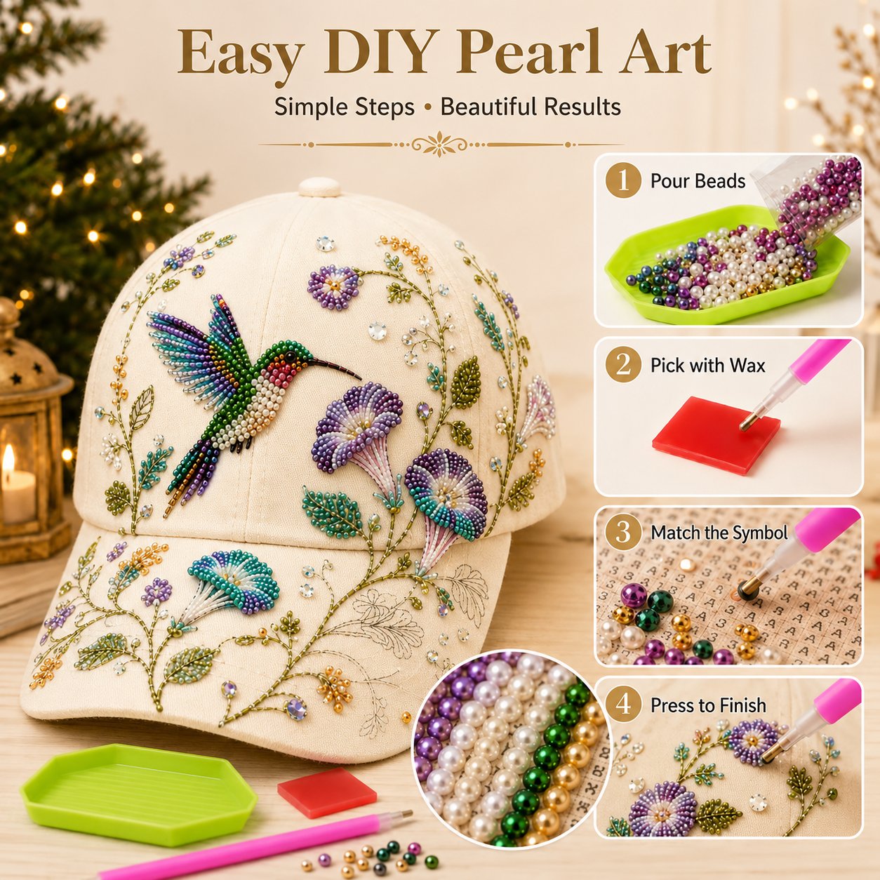 🧢🌸 Premium Hummingbird Garden Beaded Hat DIY Kit | Luxury Flocked Canvas with Scratch-Resistant Non-Fading Pearl Beads DIY Handmade Floral Cap Decor 🌿🪡✨