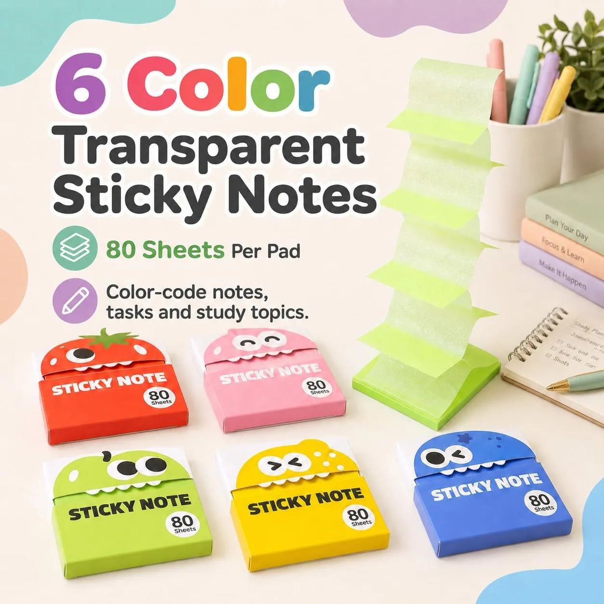 ✍️Rarler Transparent Pull-Out Glitter Sticky Notes - 80 Sheets Per Pad, 50 Reuses Per Sheet, Strong Adhesion, Quality Paper