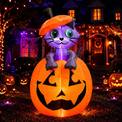 Giant Halloween Pumpkin Cat Inflatable Yard Decoration