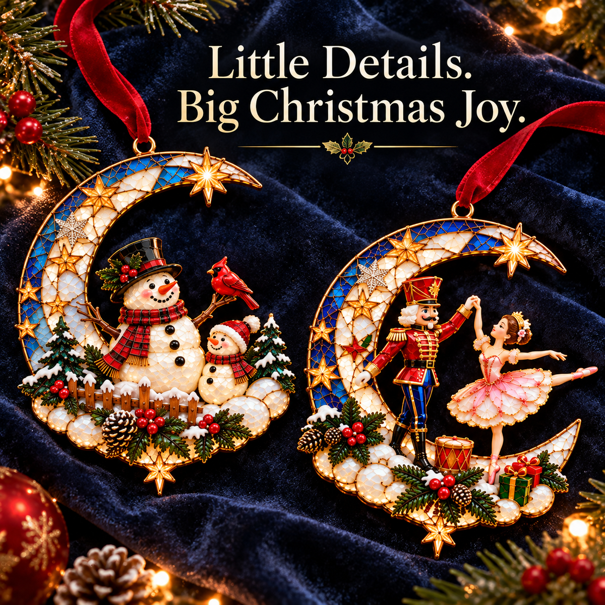 🌙 Moonlit Christmas – 6-Piece Storybook Crescent Moon Ornament Set