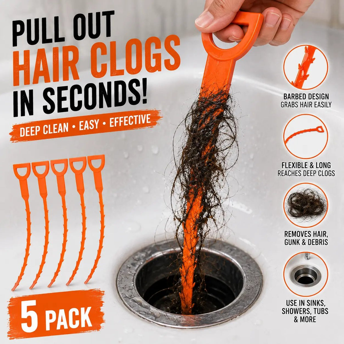 5 Pack Flexible Drain Cleaning Tools with Barbed Hook Design
