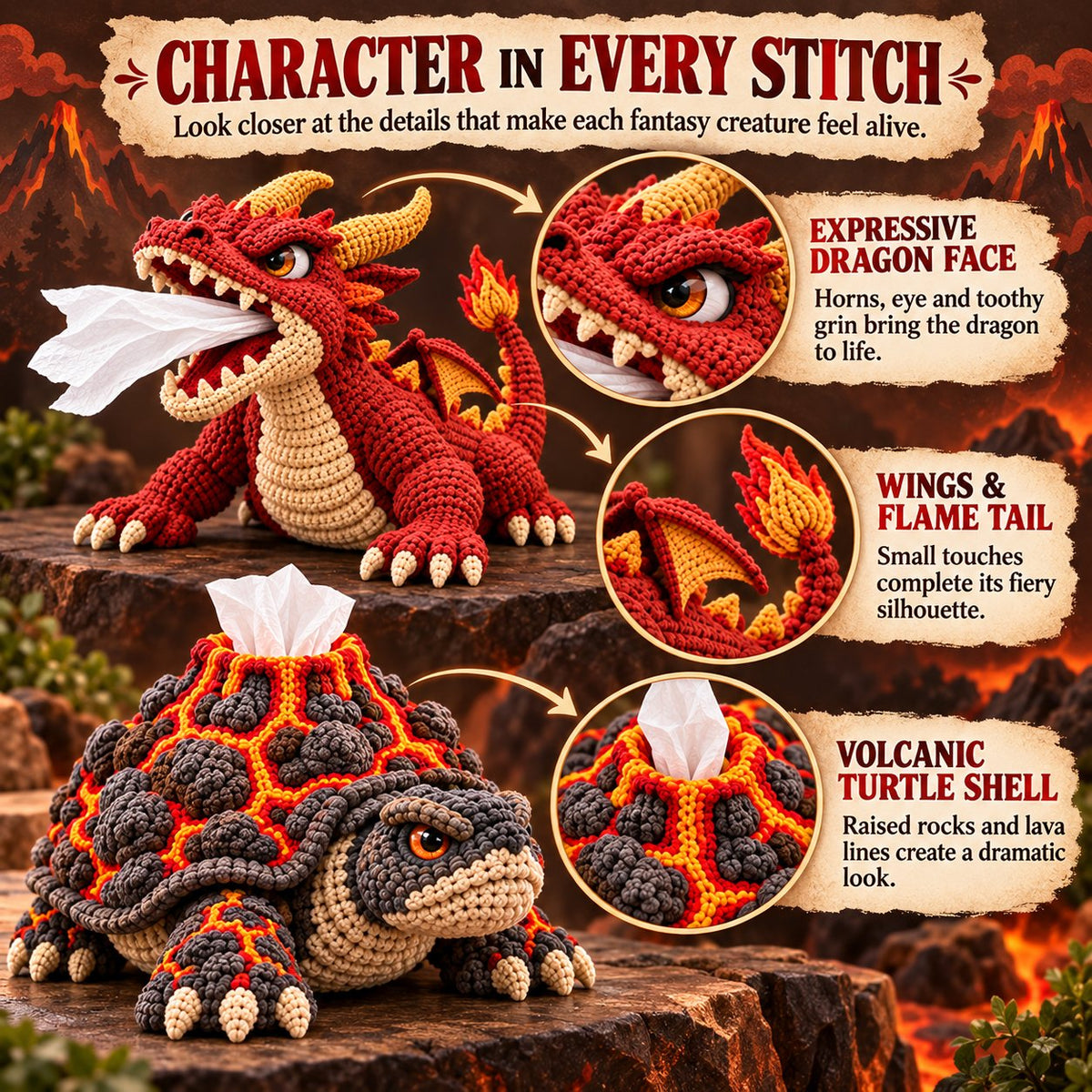 Fantasy Crochet Tissue Box Cover DIY Kit | Pull Tissues From a Dragon’s Mouth or Turtle’s Volcano