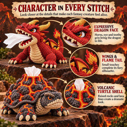 Fantasy Crochet Tissue Box Cover DIY Kit | Pull Tissues From a Dragon’s Mouth or Turtle’s Volcano