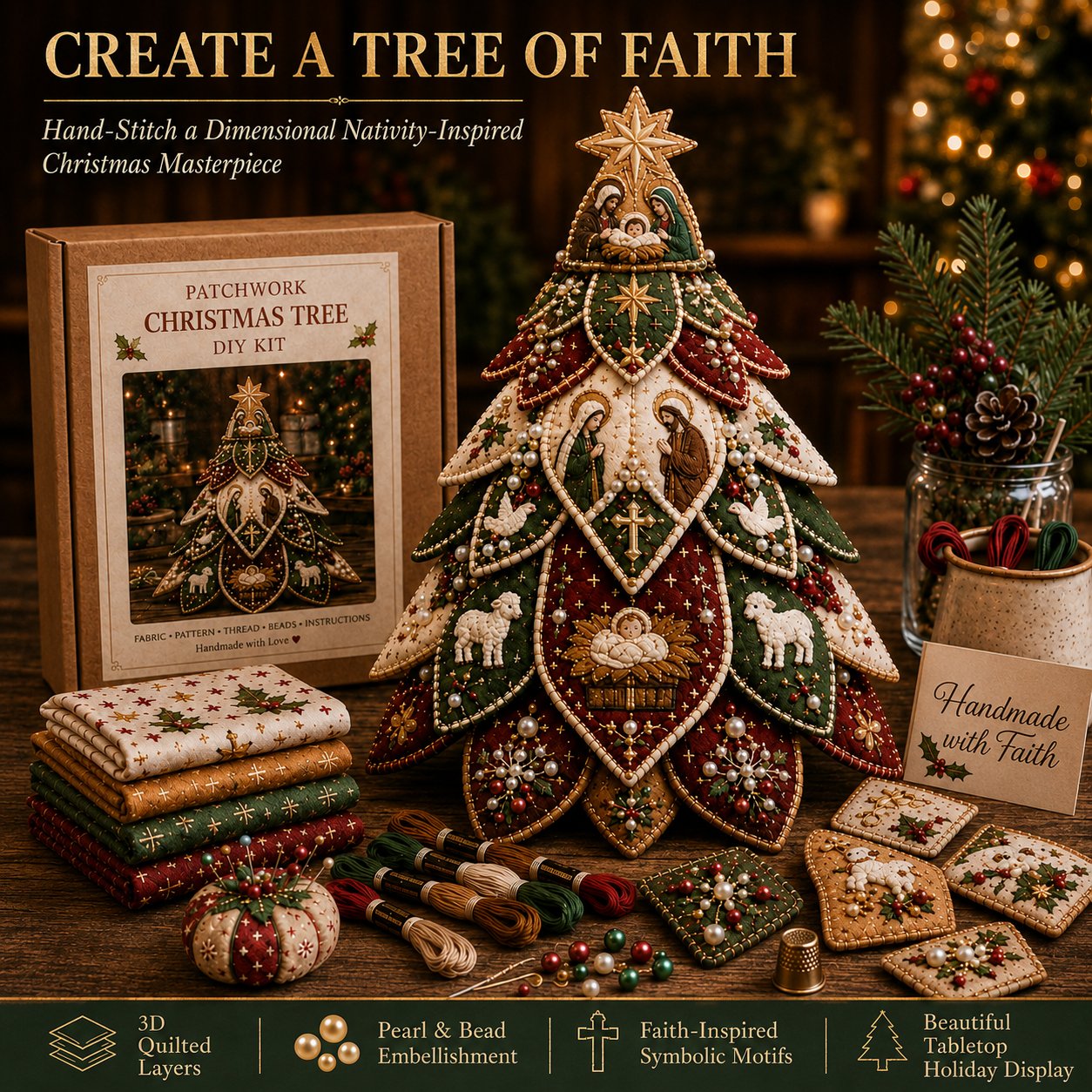 ⏳ Last Day 49% OFF – ✝️ Beginner-Friendly Tree of Faith 3D Quilted Christmas Tree Sewing Kit | Complete Kit with Coordinated Fabrics, Beads & Step-by-Step Guide Included 💕