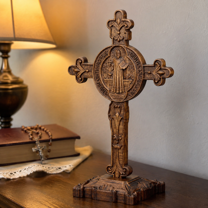 Hand-Carved Beechwood Saint Benedict Crucifix – Double-Sided Christian Standing Cross