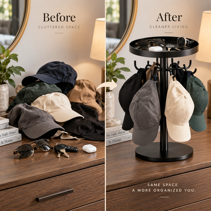 360° Rotating Baseball Cap Organizer with Storage Tray