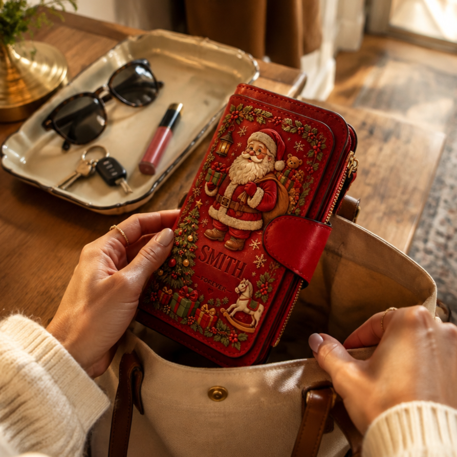 🎄Christmas Wallet🎁| Vintage Faux Leather Zip Clutch Purse, 4 Festive Holiday Designs, Multi-Compartment Christmas Gift for Women and Men