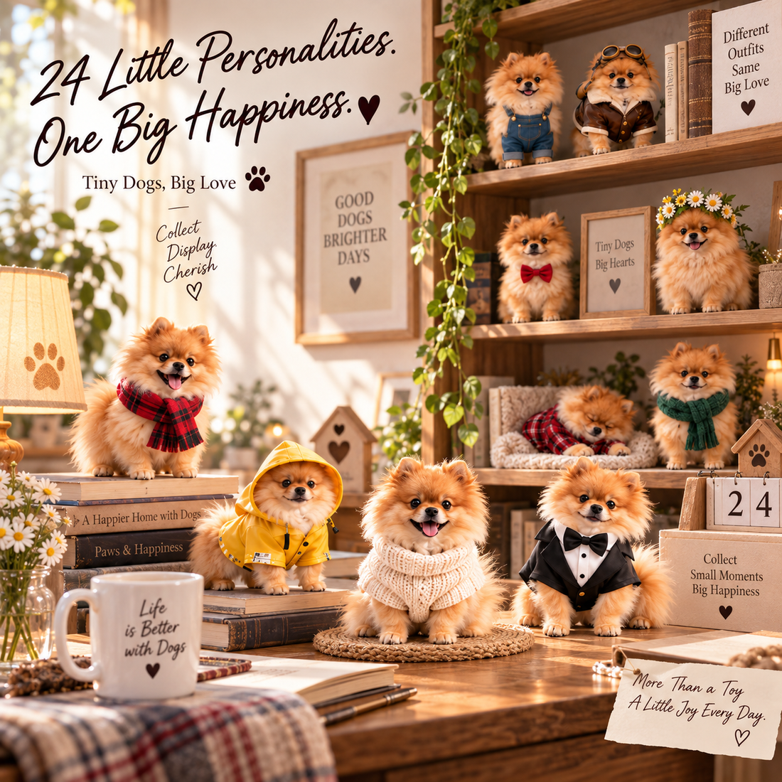 Pomeranian Crew collectibles displayed in a home