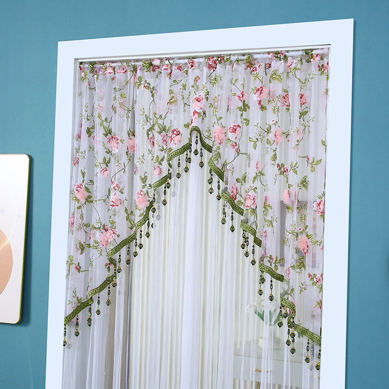 🎀 Extra-Wide Embroidered Beaded Doorway Curtain – Romantic Sheer Tie-Back Divider