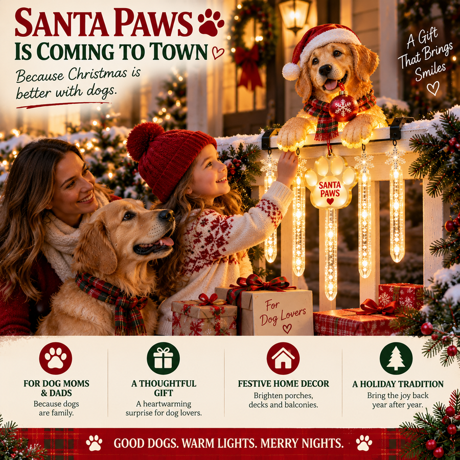 Family and dog enjoying Santa Paws Christmas decoration