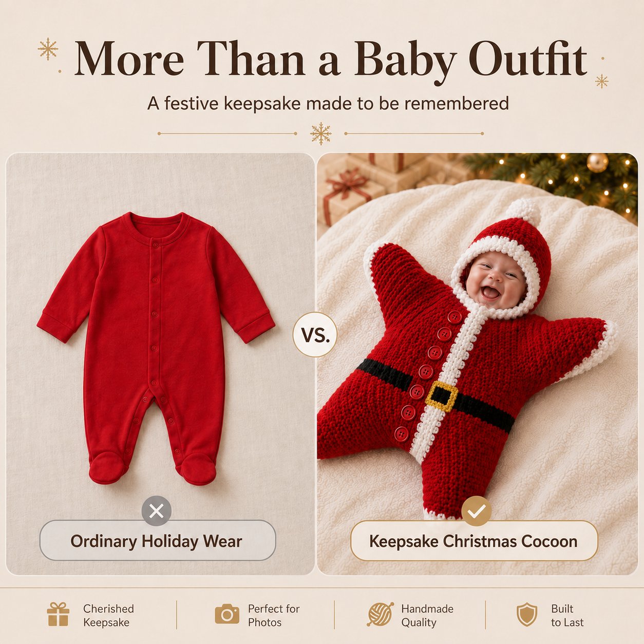 ⏳ Last Day 49% OFF – 🎅 Baby’s First Christmas Keepsake Star Outfit | One Size Fits Most Babies, Soft Knitted Santa Cocoon with Front Button Opening for Holiday Photos ✨