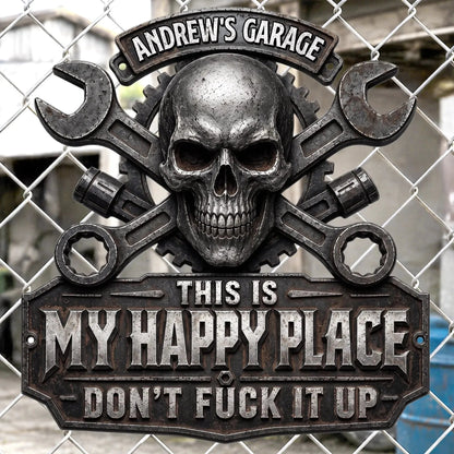 ⏳ Last Day 49% OFF – 💀 Personalized “This Is My Happy Place” Skull & Wrench Garage Metal Sign | Durable Stainless Steel with Custom Name, Faux 3D UV-Printed Details & Pre-Drilled Hanging Holes 🔧✨