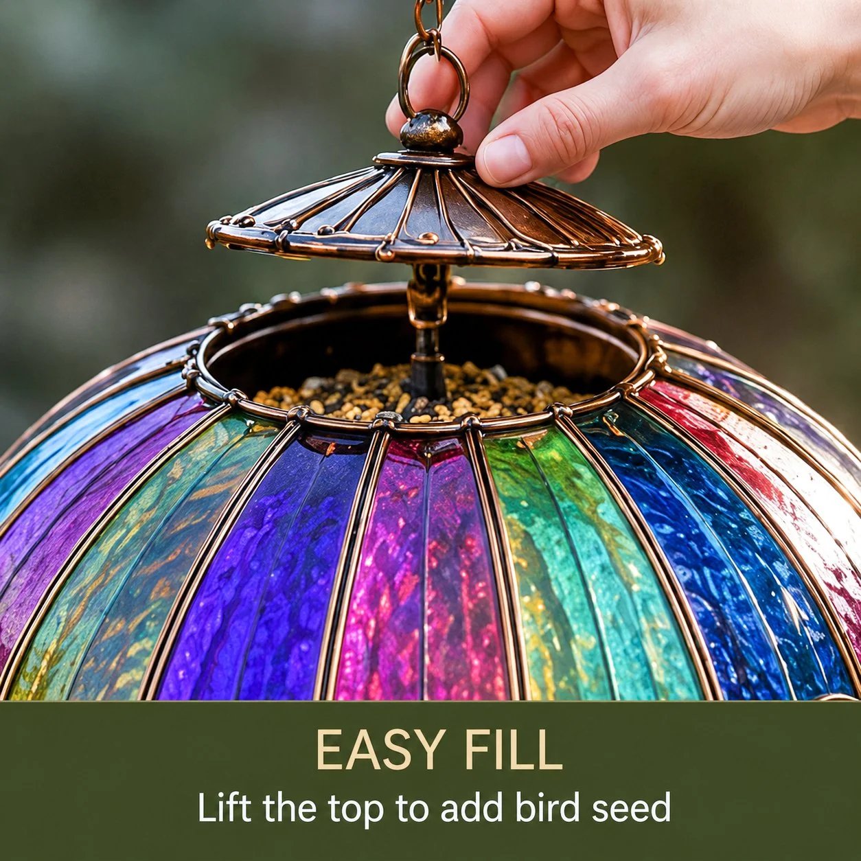 Hot Air Balloon Bird Feeder with Water Tray – Stained-Glass Look Garden Decor