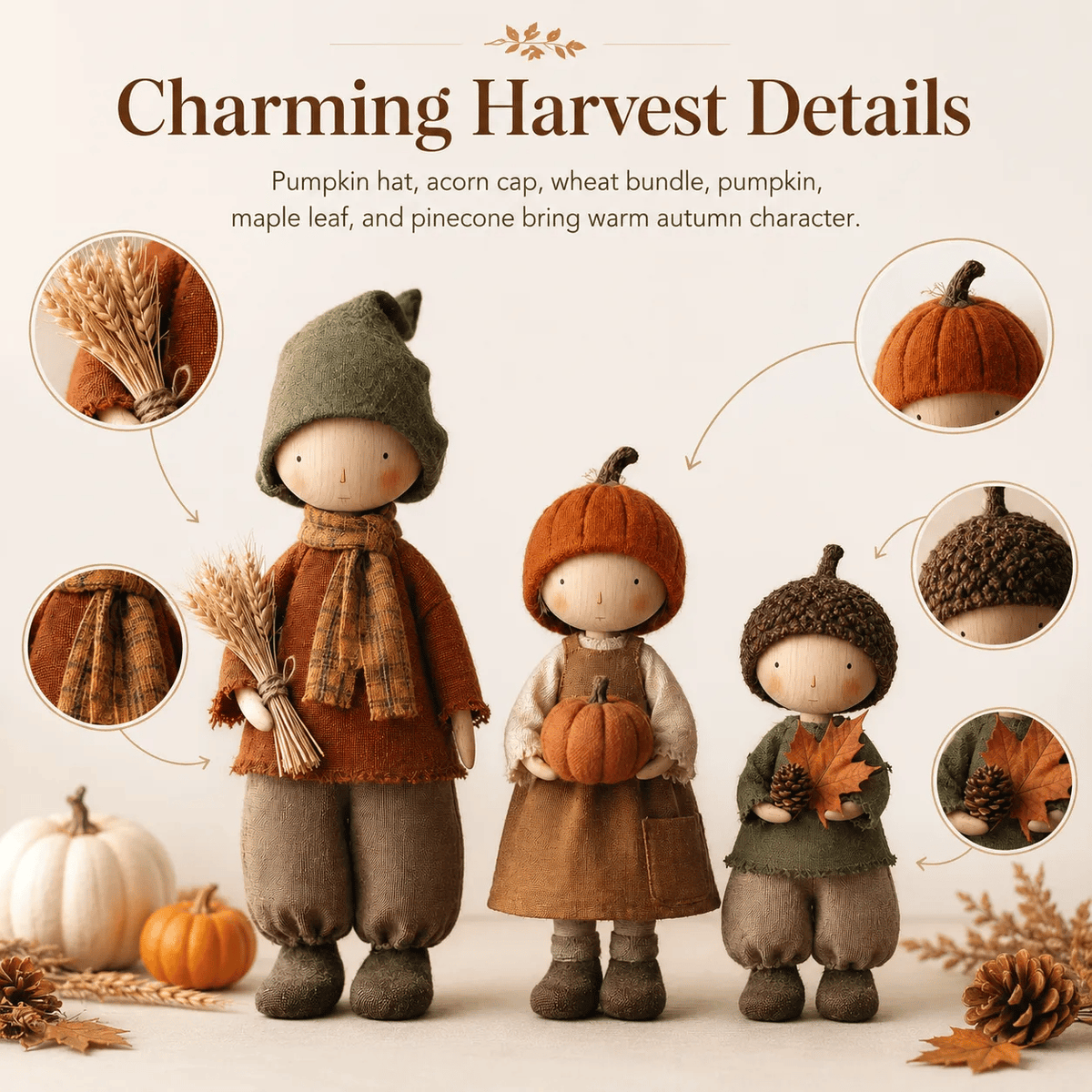 🍁Set of 3 Rustic Fall Harvest Doll Figurines