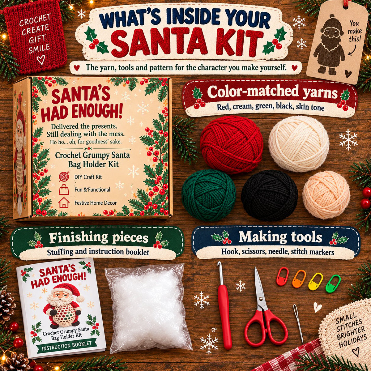 ⏳ Last Day 49% OFF – 🧶 Beginner-Friendly Christmas Crochet Bag Holder DIY Kit | 4 Festive Designs with Yarn, Tools & Guide Included 🎄
