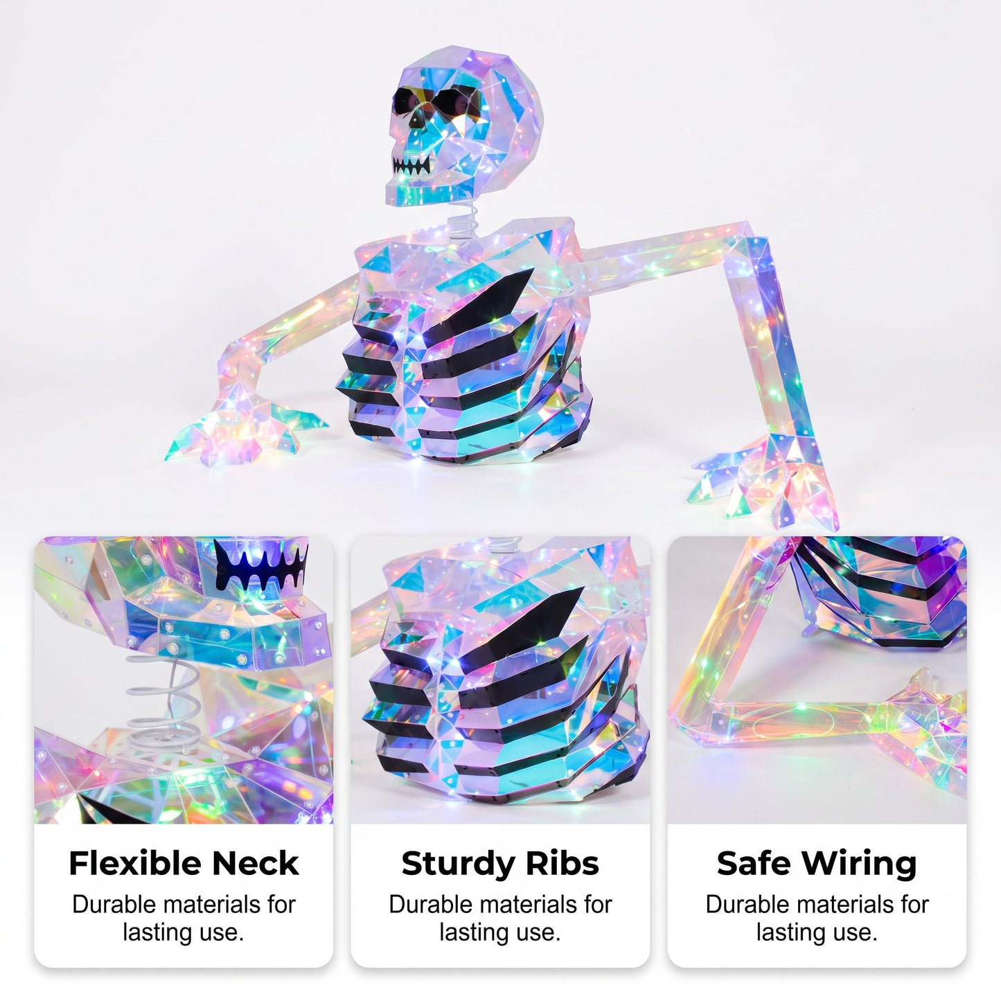🔥HOT SALE🔥Giant Crystal Effect Skeleton Halloween Decoration - 116cm Wide Light-Reflecting Oversized Skeleton Centerpiece with 3m Power Cable - Mysterious Glow Decor for Home Entryway, Living Room & Spooky Party