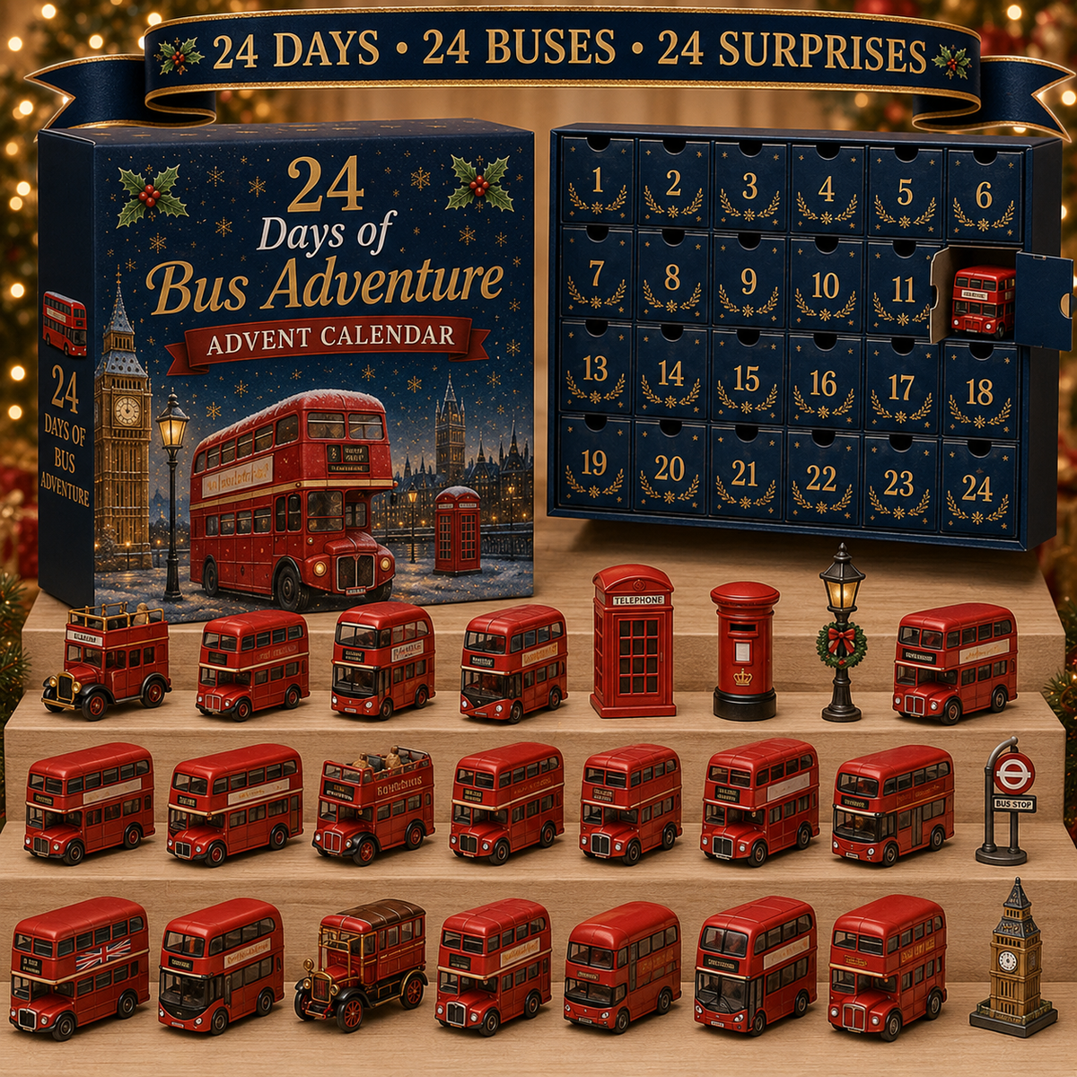 CHRISTMAS KICKOFF 49% OFF - 2026 Days of Bus Adventure Blind Box - 24-Day Festive Countdown, London Bus Collectible Figures Blind Box - Gift For Bus Lovers