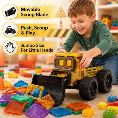 Magnetic Tile Construction Truck Set | Dump Truck & Bulldozer Toy