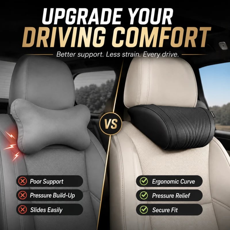 🚗💤Reduce fatigue while driving! Universal memory foam neck pillow for car – ergonomic headrest for long road trips.