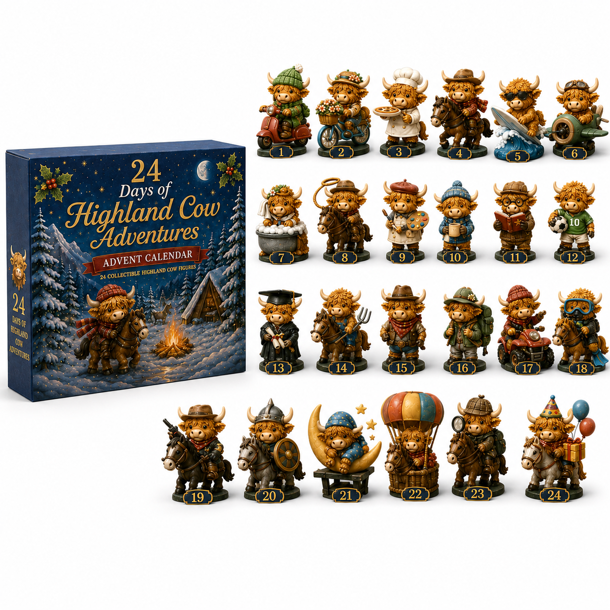 Highland Cow Adventures Advent Calendar 2026 – 24 Days of Unique Highland Cow Miniature Collectibles