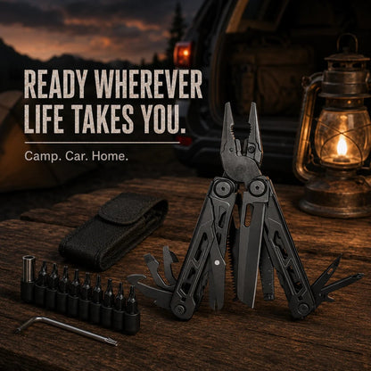 📍🎉 🏕️ 16-in-1 Camping Multi-Tool with Full-Size Scissors & Carrying Pouch