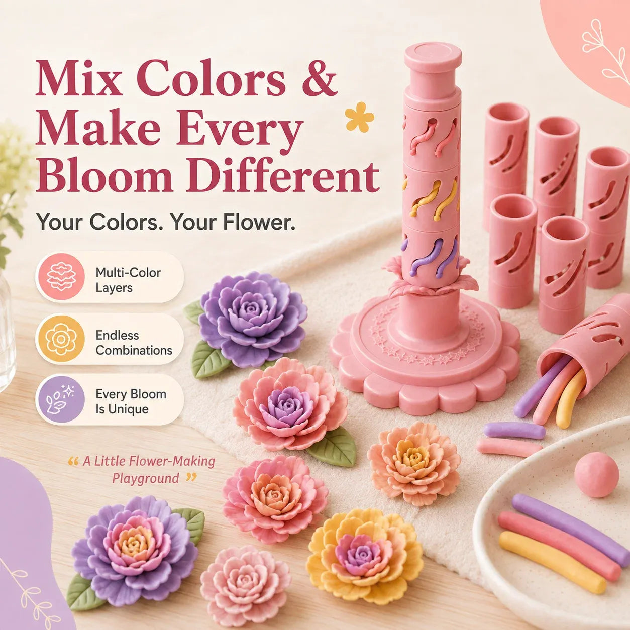 ⏳ Last Day 49% OFF – 🌸 Beginner-Friendly Clay Bloom Maker Set | Reusable 3D-Printed Flower Shaping Tool with Interchangeable Sleeves & 24-Color Modeling Clay Included ✨