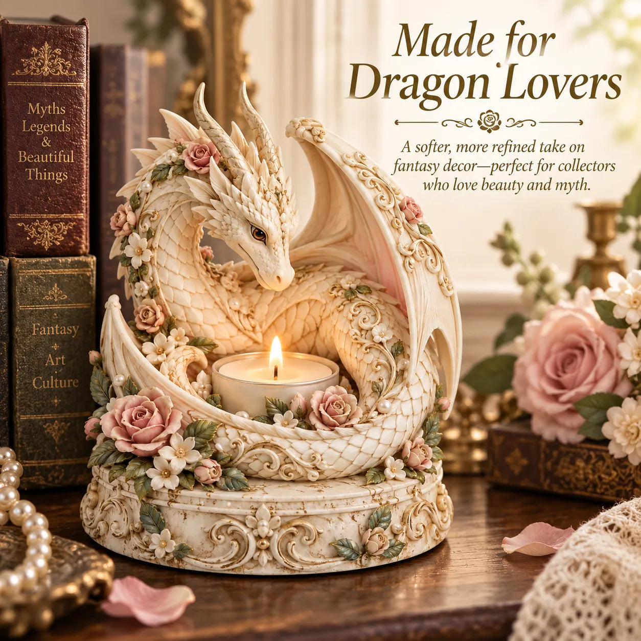 🐉 Floral White Dragon Tea Light Candle Holder