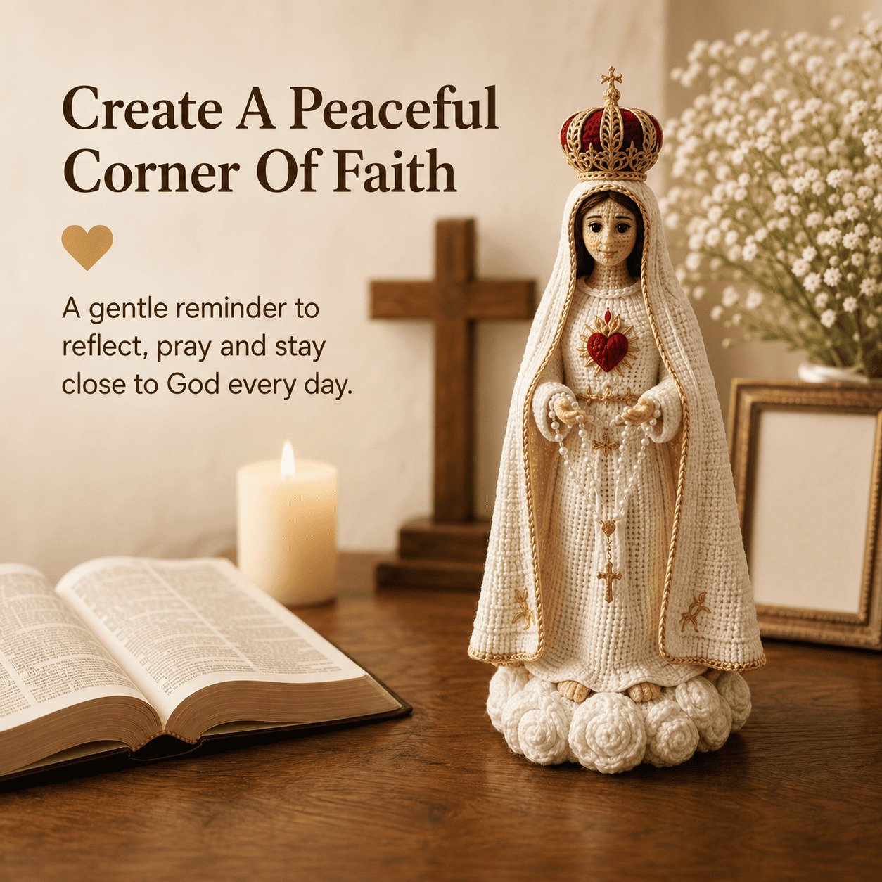 ⏳ Last Day 49% OFF – 🙏 Hand-Crocheted Praying Virgin Mary Hanging Ornament | 35 × 20 cm Handmade Yarn & Fabric Design with Crown, Beads, Crosses & Heart Details 🤍✨