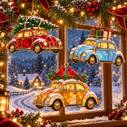 Vintage Christmas Rides – 6-Piece Stained-Glass Style Car Ornament Set