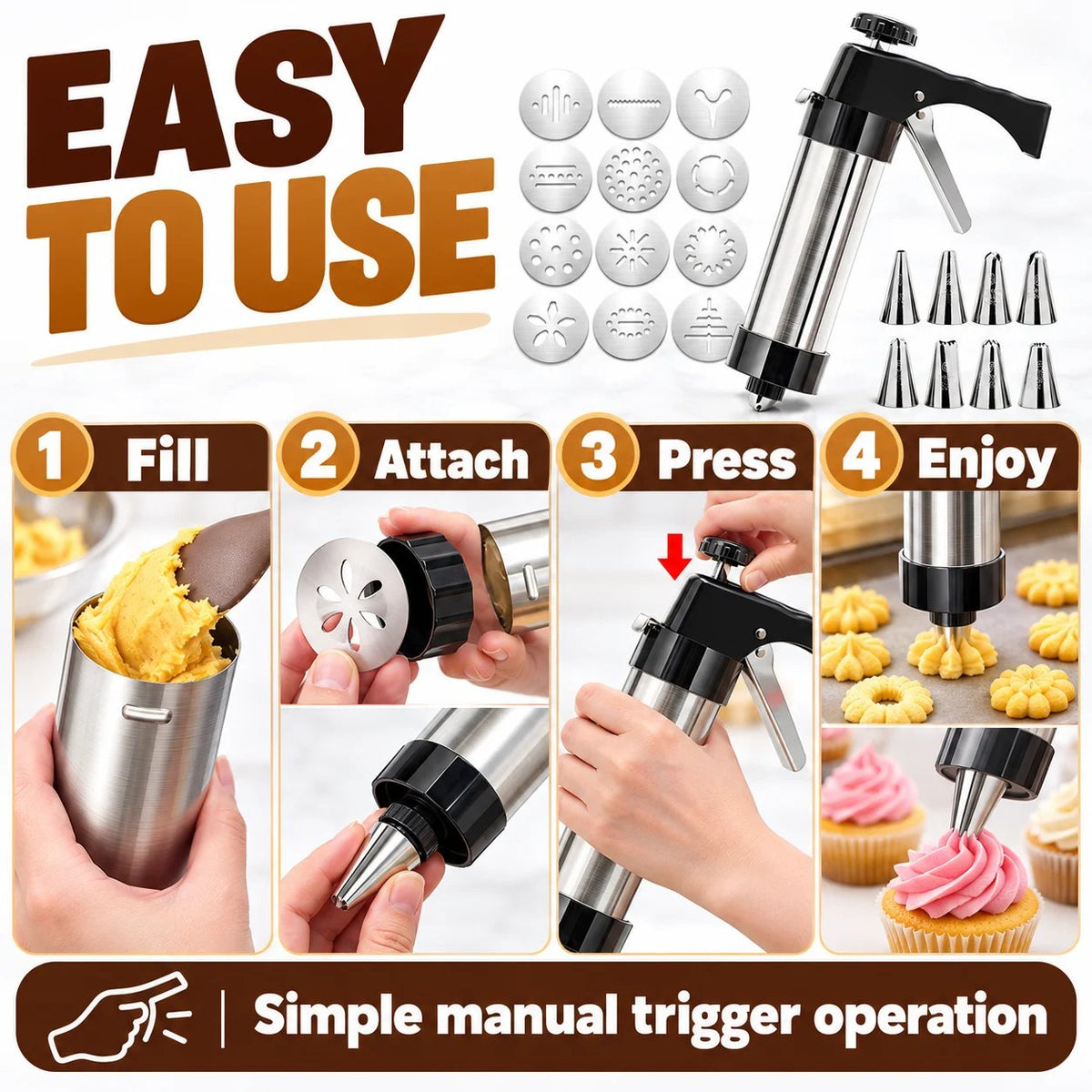 🍪 Stainless Steel Cookie Press & Decorating Kit | 13 Cookie Discs + 8 Icing Tips for Cookies, Cupcakes & Cakes 🧁
