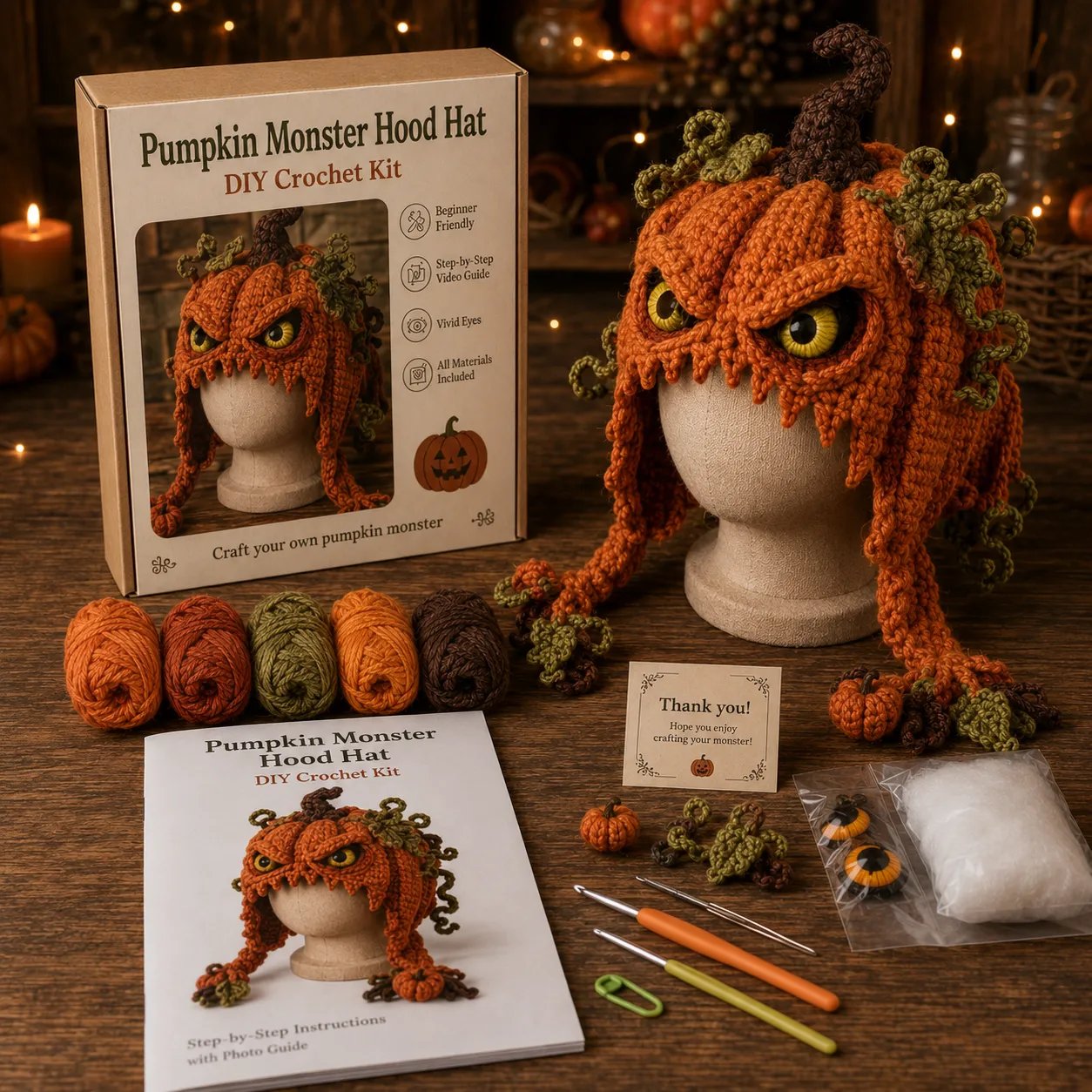 🎃 Halloween Monster Hood DIY Crochet Kit | Premium Soft Yarn Materials with Step-by-Step Guide DIY Handmade Wearable Character Hood 🧶🎭✨