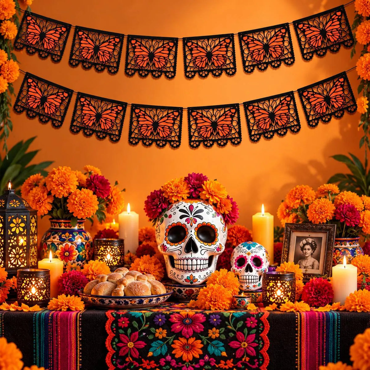 ⏳ Last Day 49% OFF – 🦋 Monarch Butterfly Día de los Muertos Banner | 9.8FT Black & Orange Papel Picado-Style Garland 🌺
