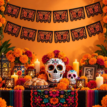 ⏳ Last Day 49% OFF – 🦋 Monarch Butterfly Día de los Muertos Banner | 9.8FT Black & Orange Papel Picado-Style Garland 🌺