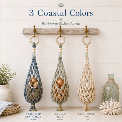 🌊 🥔 Coastal Hanging Produce Storage – Handwoven Breathable Organizer with Easy Side Access