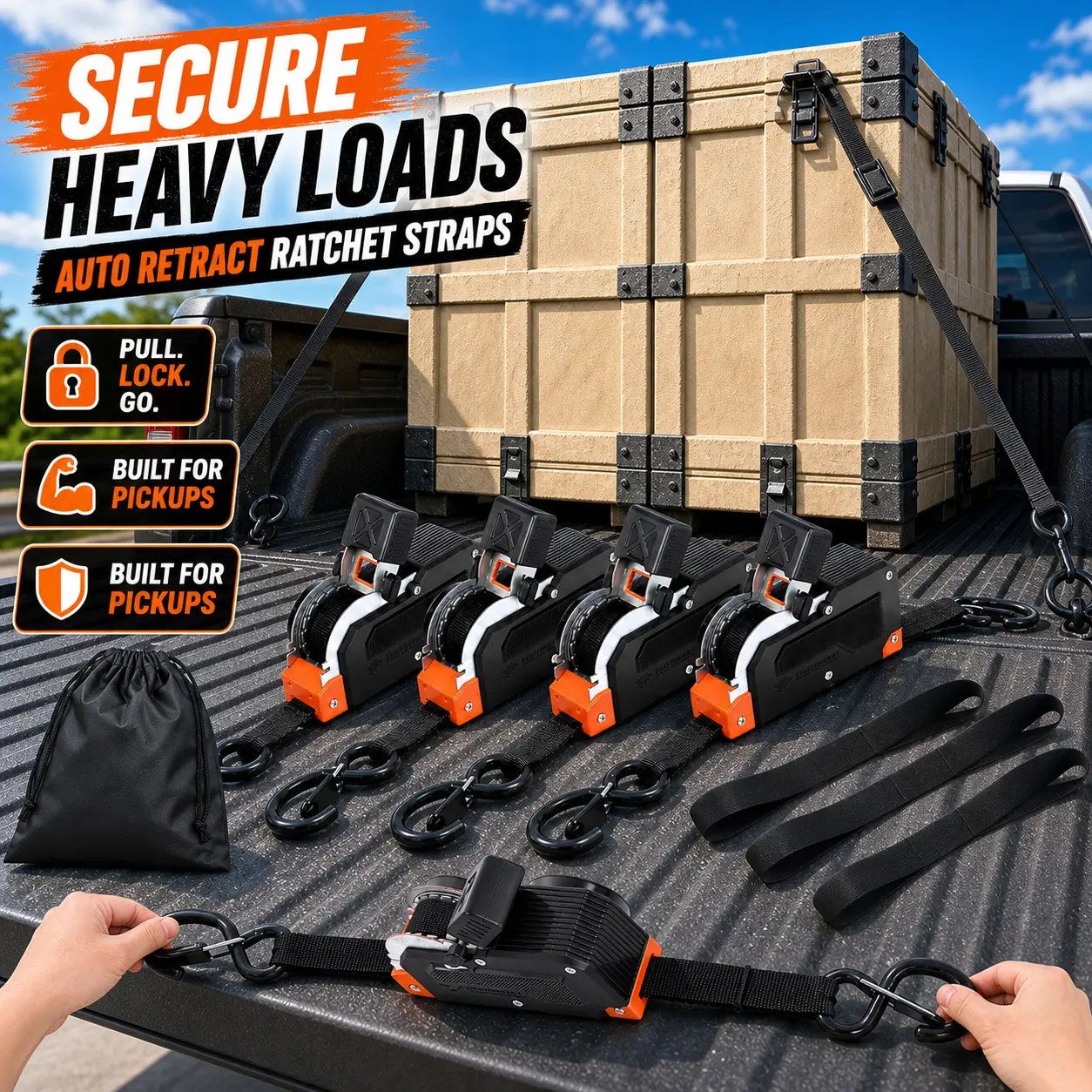 ⏰Limited Stock 60% OFF 🚜 Dual-End Retractable Tie-Down Ratcheting Straps, Large Locking S Hooks for Motorcycle, ATV, Truck