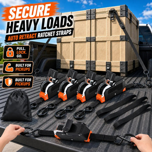 ⏰Limited Stock 60% OFF 🚜 Dual-End Retractable Tie-Down Ratcheting Straps, Large Locking S Hooks for Motorcycle, ATV, Truck