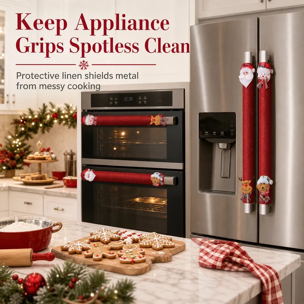 🎅🎄4PCS Plush Christmas Handle Covers – 40 cm Textured Linen Wraps with Snug Fastening for Fridges, Ovens, Dishwashers & Microwaves 🎁