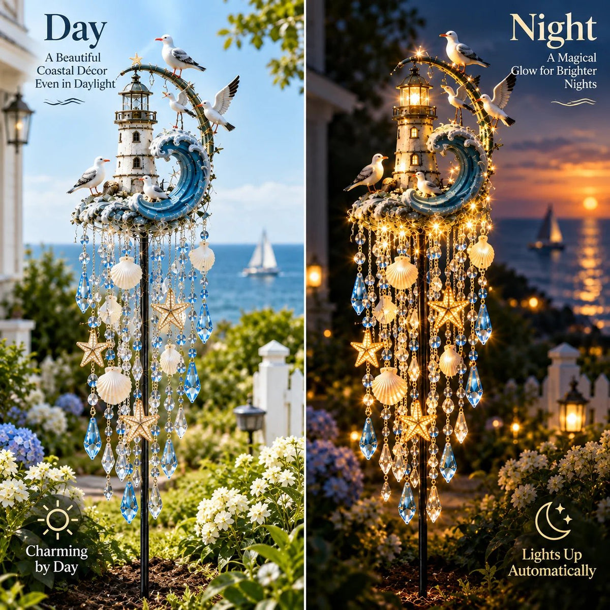 Day and night comparison of the solar lighthouse garden light