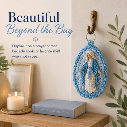 🙏 Handmade Marian Crochet Keychain Keepsake | Soft Blue-and-White Yarn, Raised Oval Crochet Frame & Metal Split Ring 💙✨